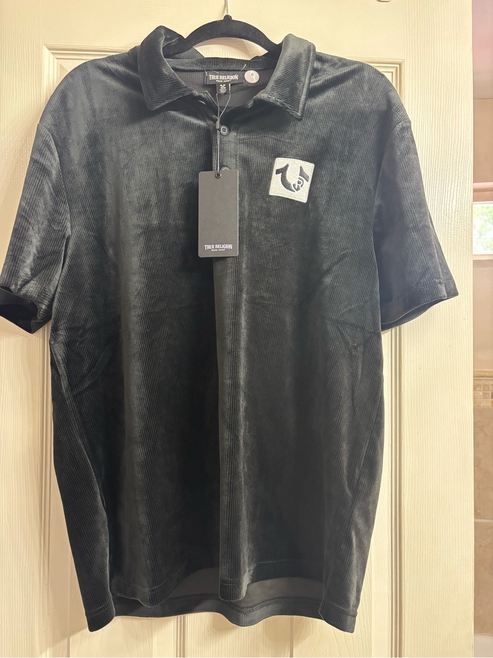 True Religion Men's Black Velvet Polo with Chest Logo Patch
